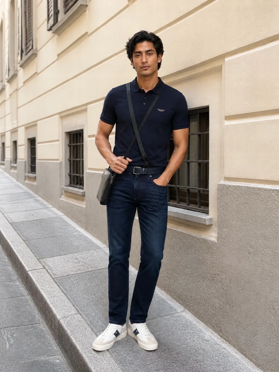 Boss navy polo dark jeans white sneakers