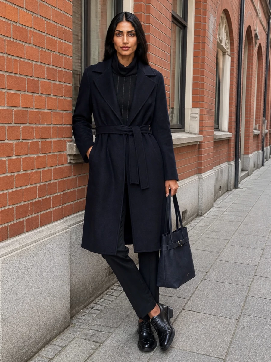 Max mara navy coat tailored trousers outfit