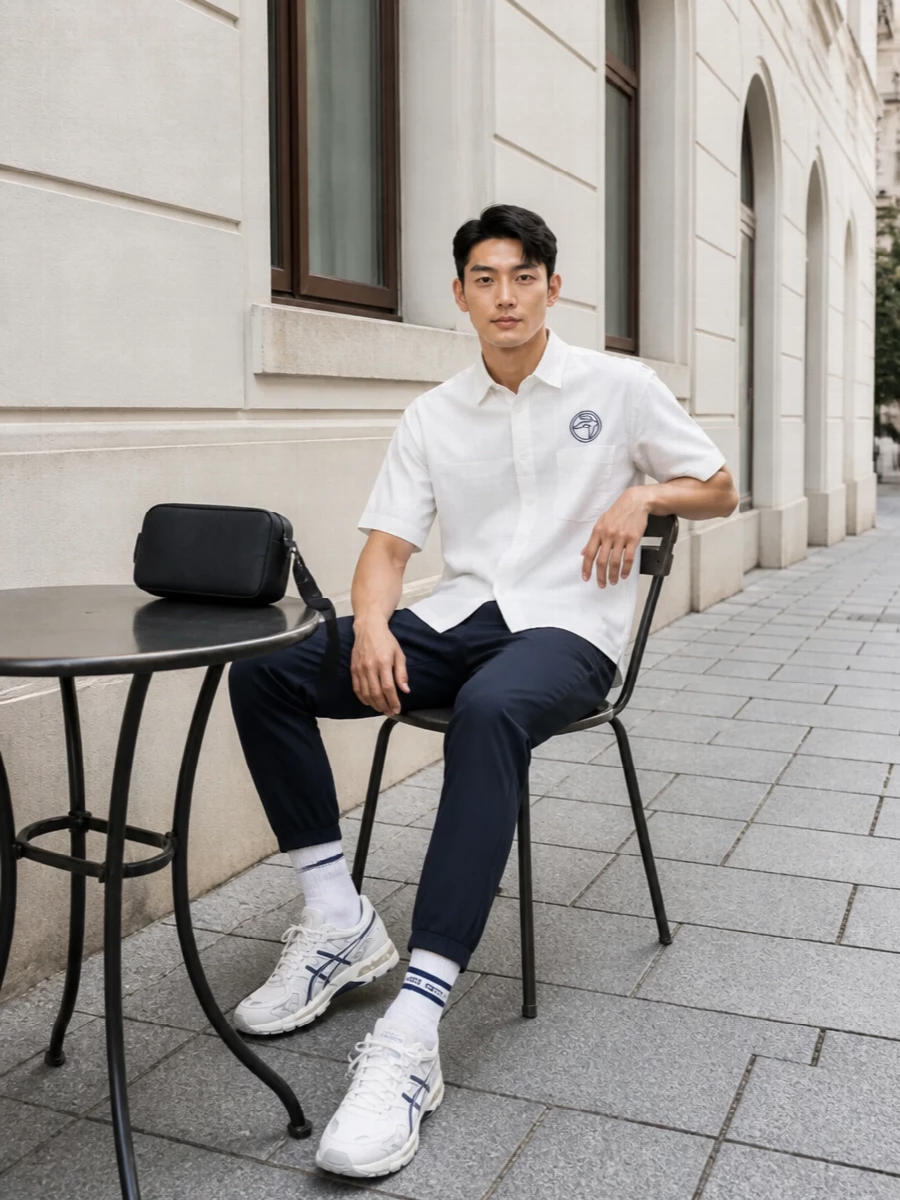 Ambush white shirt navy trousers sneakers