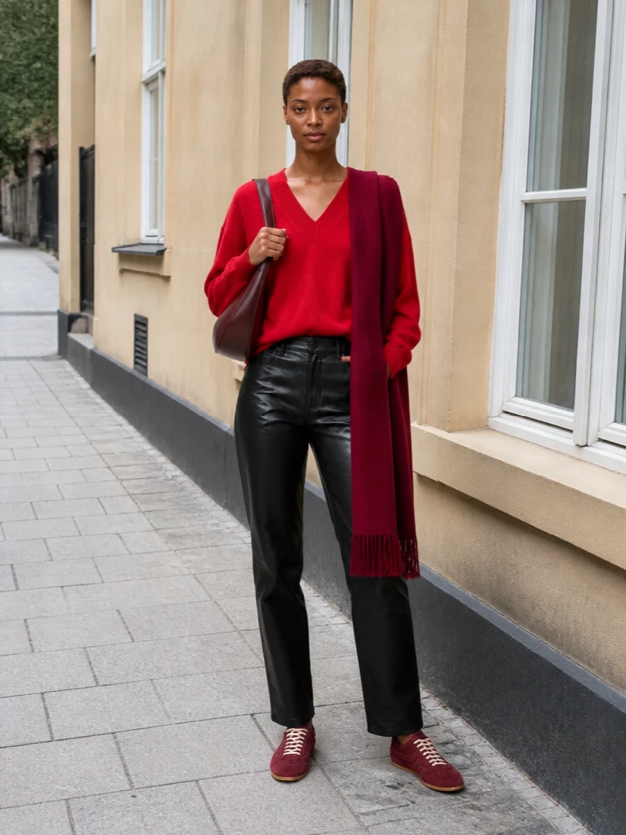 Anine bing red sweater black leather pants outfit