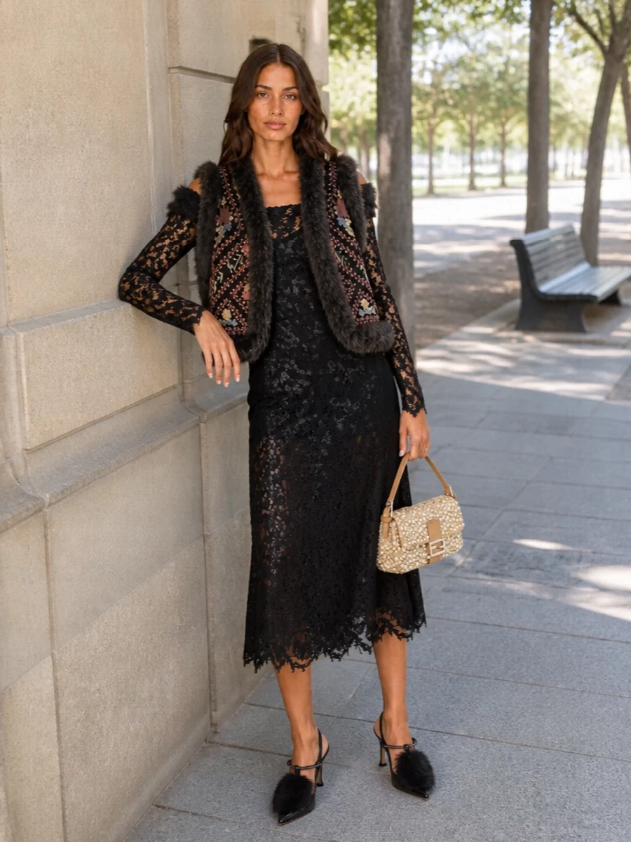 Fendi fur vest black lace dress heels