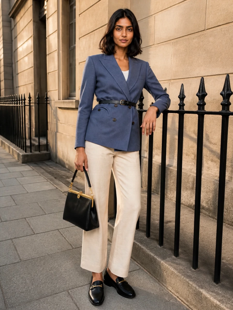 Light beige tailoring meets dusty slate blue for a clean, modern take on warm weather suiting. Black leather accessories sharpen the palette just enough, keeping the mood quiet but clearly city focused.