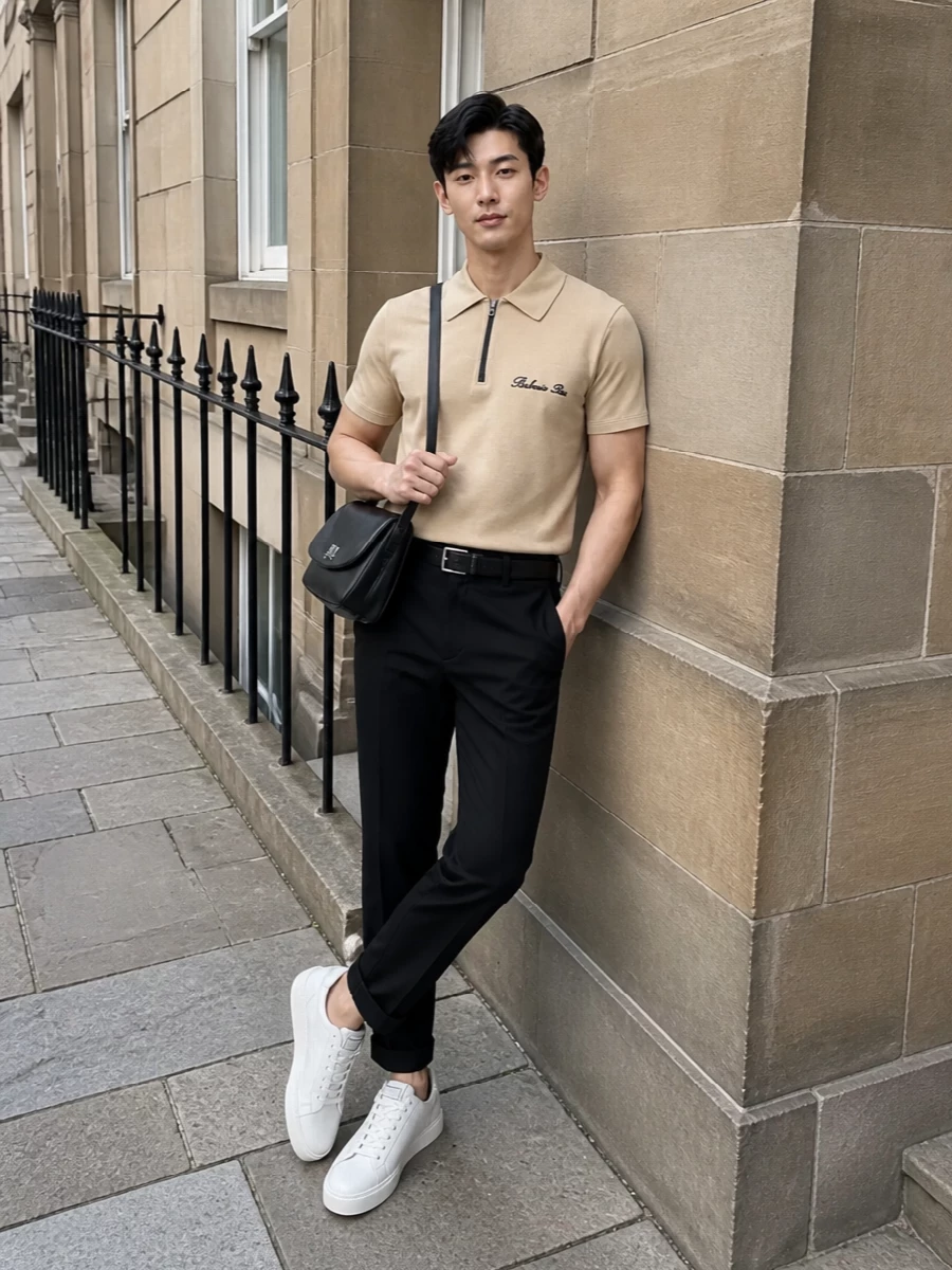 Sand Balmain knit on top of crisp black tailoring creates a clean, modern uniform that feels relaxed but fully put together. The straight cuffed trouser and slim belt keep the line sharp, while white leather sneakers cool the palette and keep it firmly in smart off-duty territory. The structured crossbody finishes it with a subtle graphic edge that still reads refined rather than logo-led.