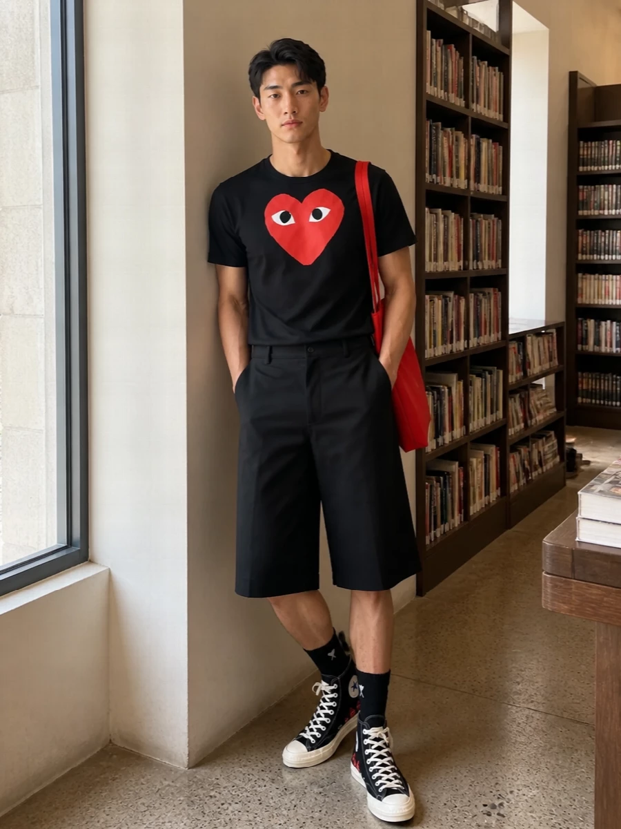 Graphic but controlled, this outfit leans into the black and red story of the Play tee then grounds it with clean, tailored black shorts. Matching Play hi-tops and ribbed black socks keep the proportions sharp and street-ready, while the bold red tote injects a confident colour block that still feels easy for every day.
