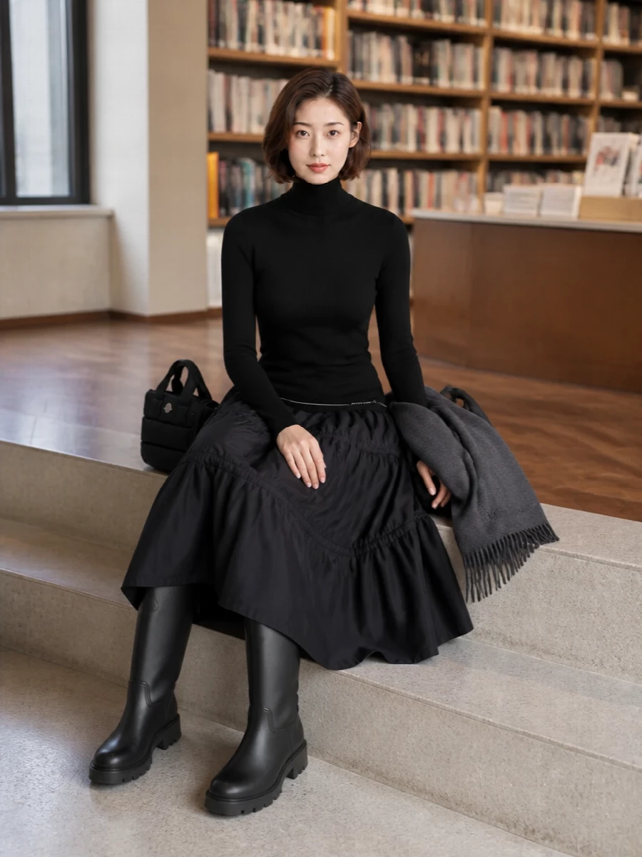 Moncler black tiered skirt turtleneck boots
