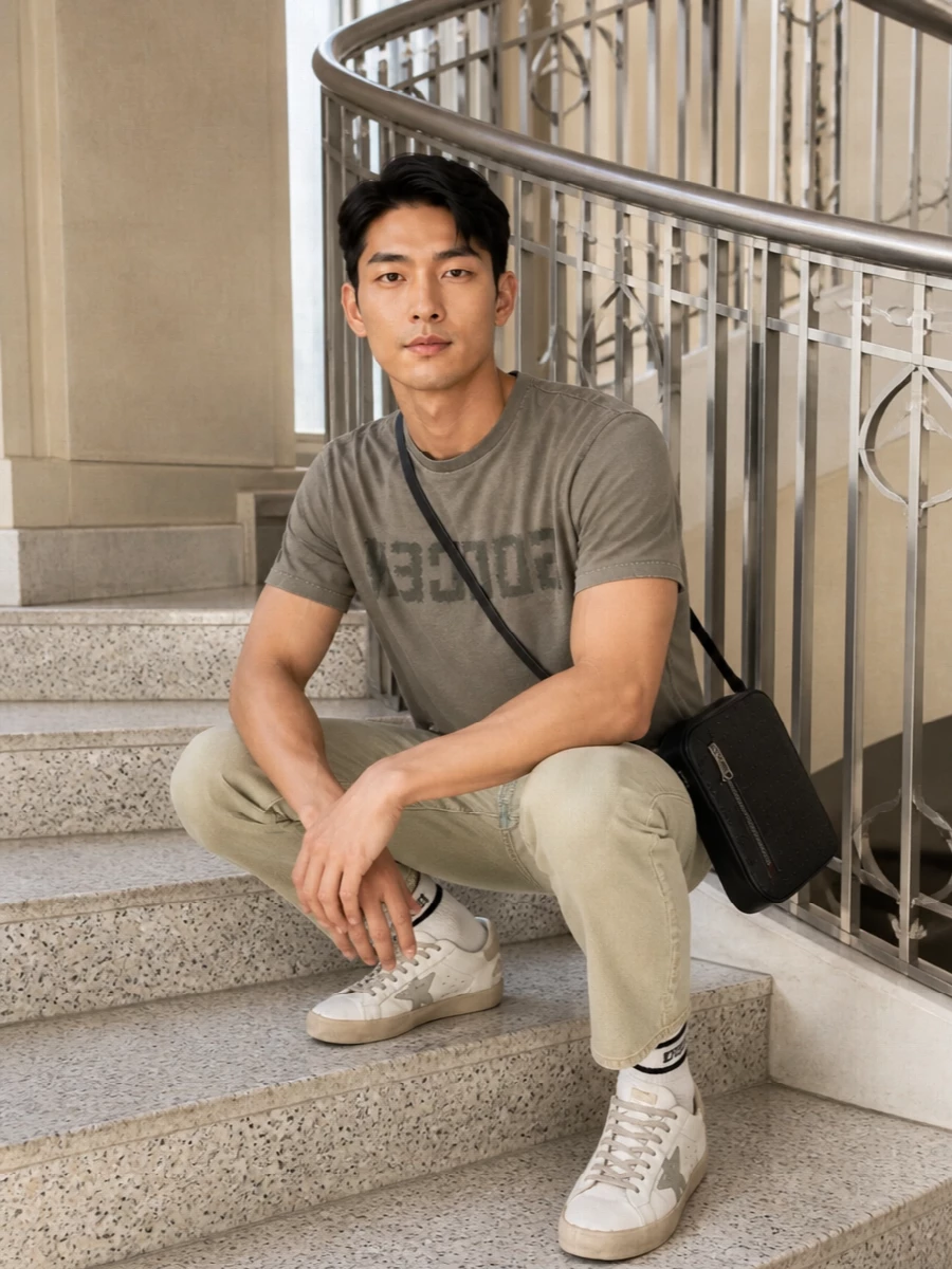 Golden goose khaki tee light jeans gucci bag