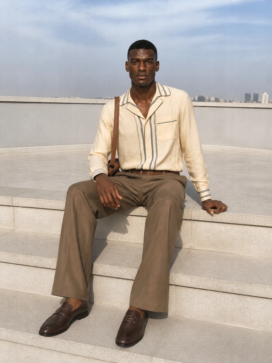 A camel wide-leg trouser is paired with a buttercream pajama-style shirt for a soft, elongated line that feels relaxed yet meticulously put together. Dark brown loafers, a tan leather shoulder bag and a chestnut belt anchor the palette, keeping the mood polished and warm for city days or low-key summer evenings. The balance of fluid top and structured accessories lets the high rise and drape of the trouser stay at the center of the silhouette.