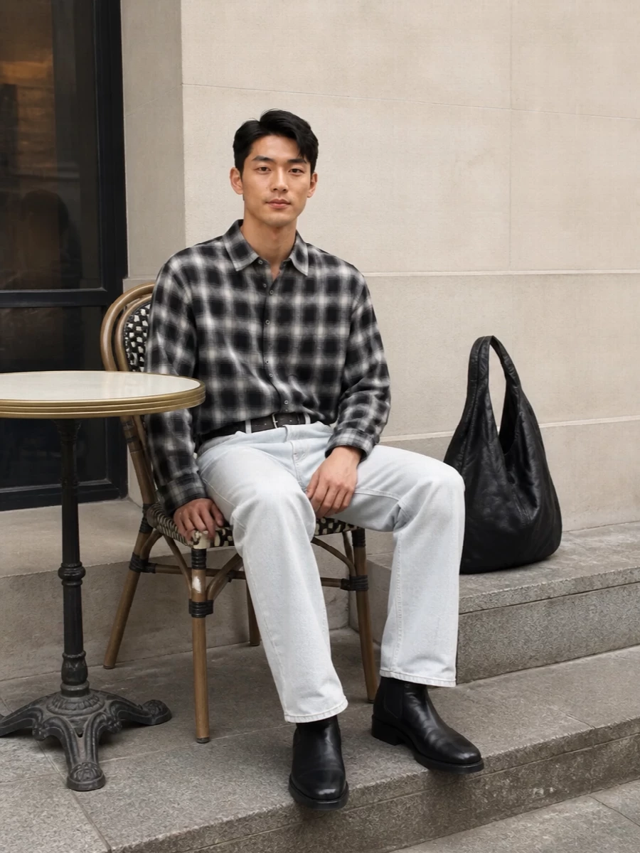 Our legacy white jeans plaid shirt black boots