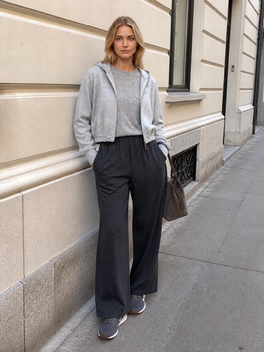 Brunello cucinelli grey hoodie wide leg trousers
