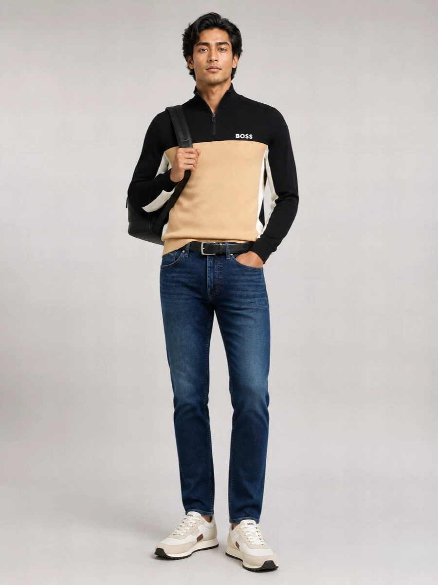 Boss Cotton Zip-Up High-Neck Sweater