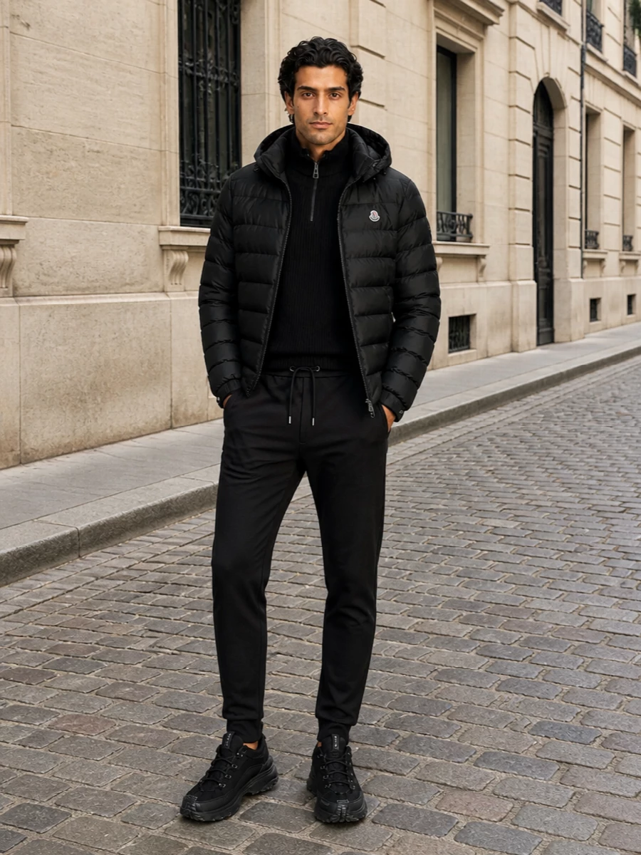 Moncler black puffer joggers trail sneakers outfit