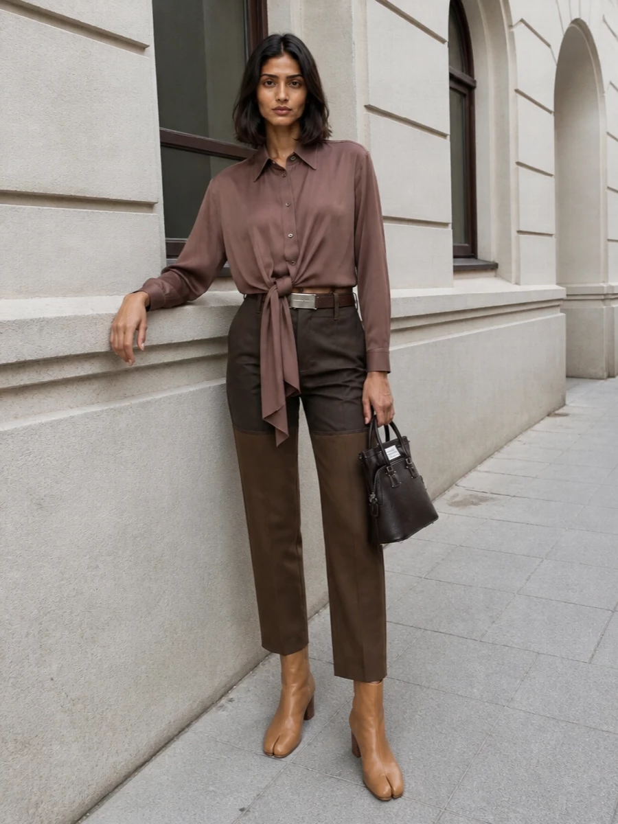 Mm6’s two-tone tailored trouser is paired with the fluid mocha tie-front shirt for a tonal brown story that feels modern yet composed. Camel tabi boots lengthen the line, while a structured chocolate Margiela bag and a precise plaque belt add just enough definition for a sharp, quietly directional office-ready ensemble. The mix of soft drape up top and clean, straight tailoring below keeps the silhouette balanced and intentional from every angle.
