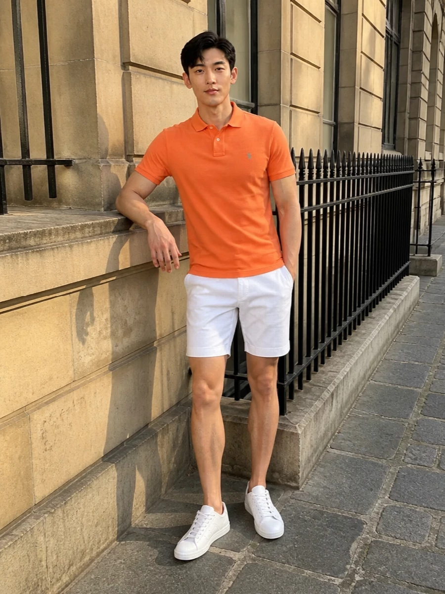 Sunlit orange and crisp white keep this outfit bright and sharp, while the tailored chino short lifts it a notch above pure swim or loungewear. Clean white court sneakers echo the polo’s sport DNA without breaking the minimalist lines. The bold duffle finishes it with a collegiate energy that still feels easy for weekend city or coast runs.