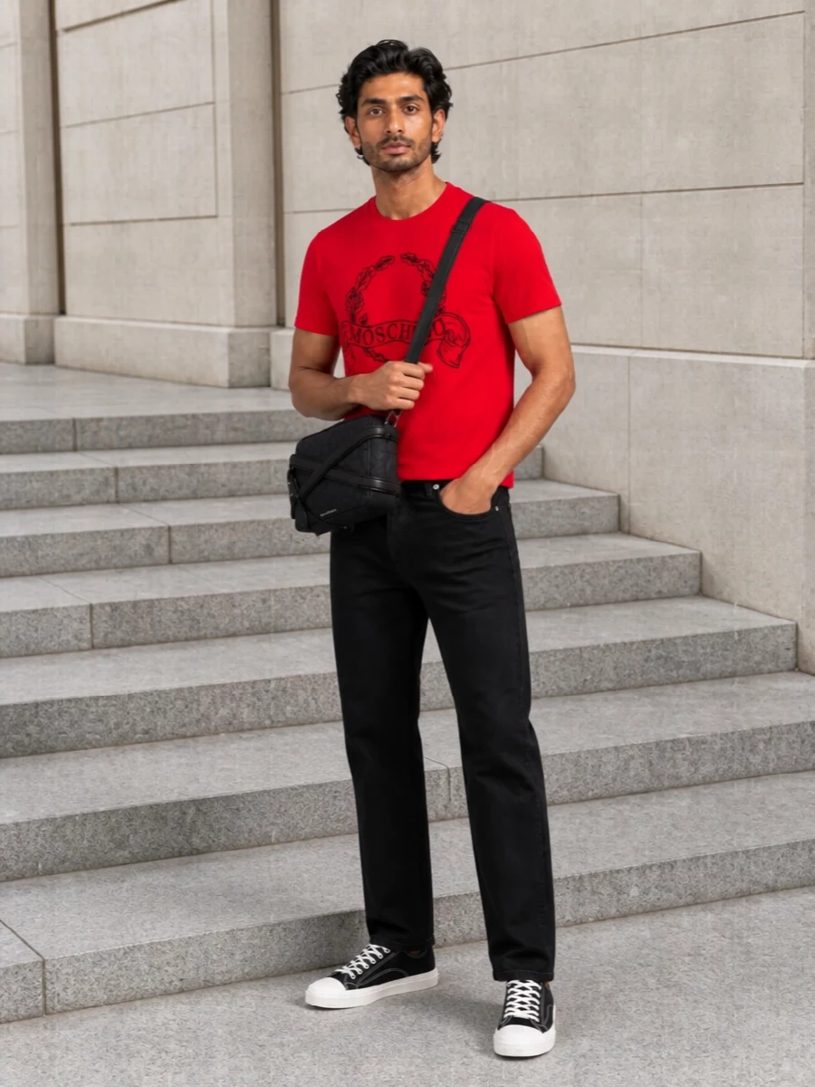 Moschino red tshirt black jeans streetwear outfit
