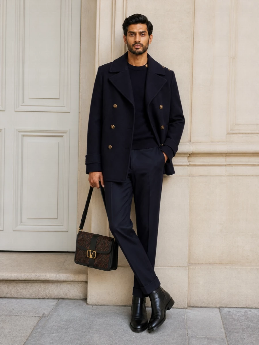 Balmain navy pea coat tailored trousers outfit