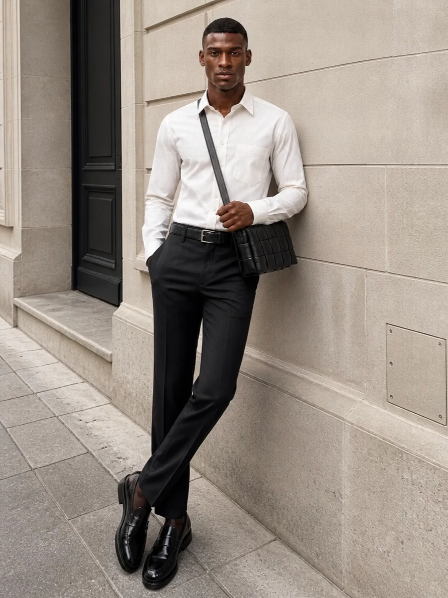 Prada charcoal trousers off white shirt outfit
