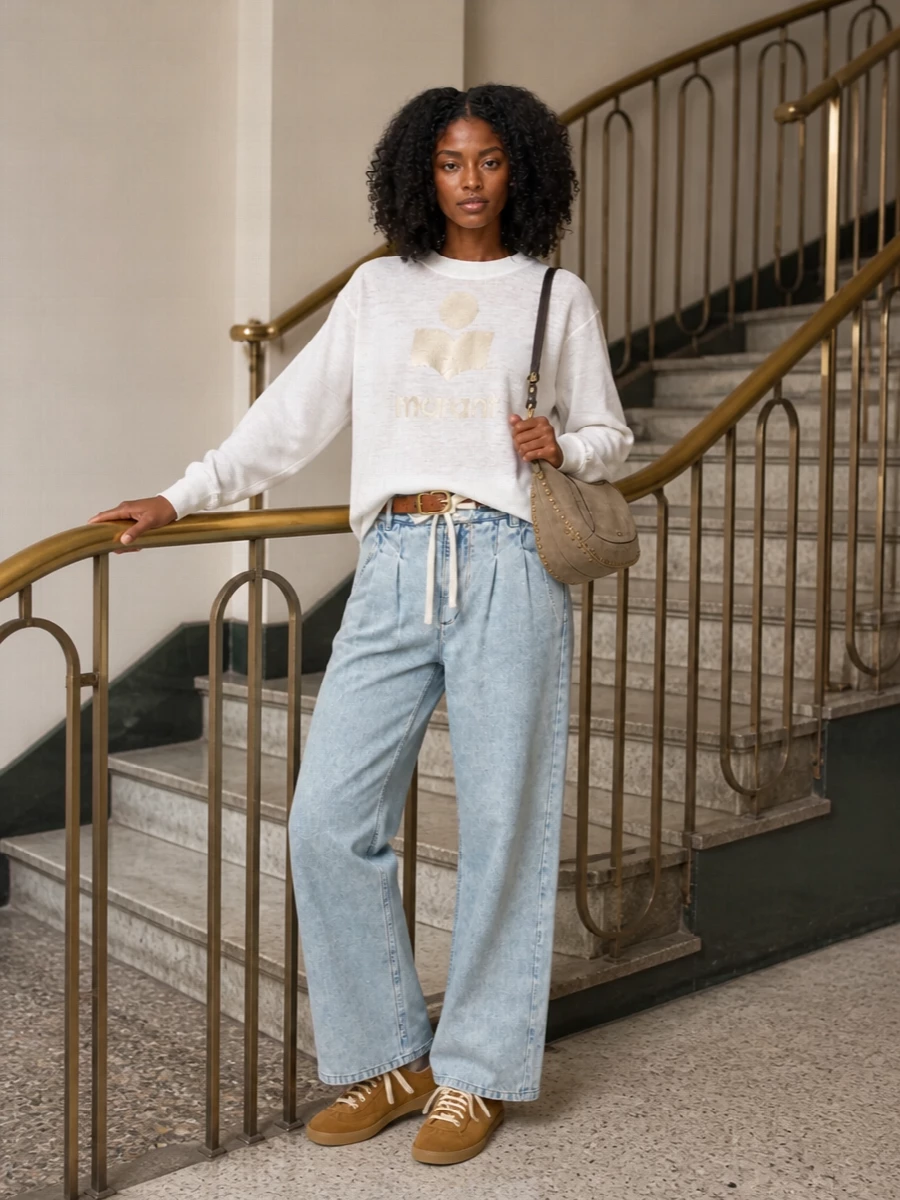 Isabel marant wide leg jeans logo sweatshirt outfit