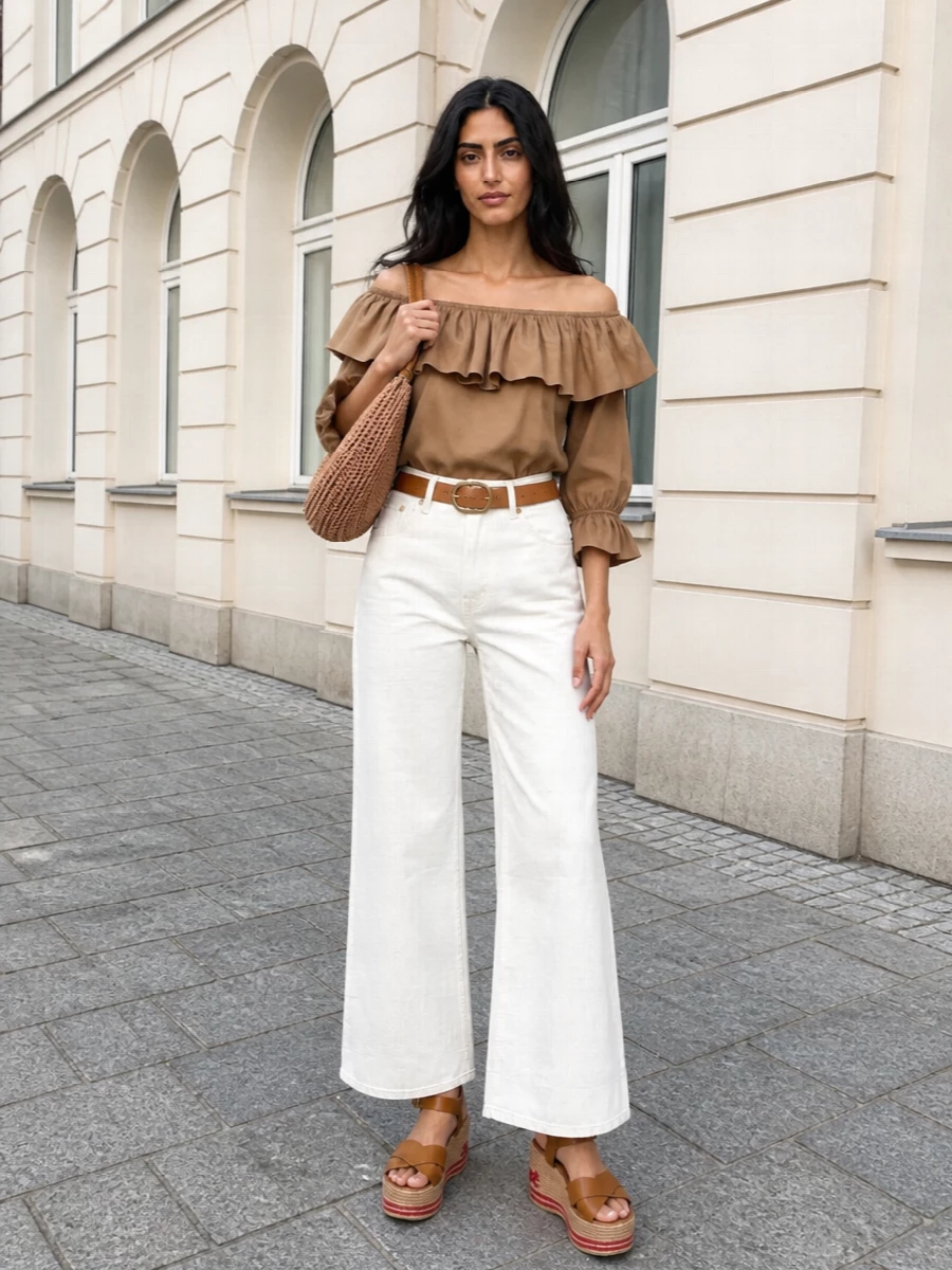 Chloe camel ruffle blouse ivory wide leg trousers