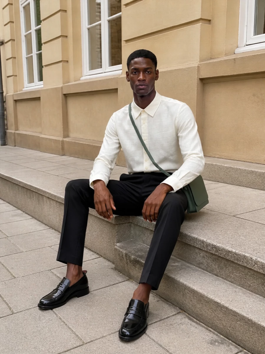 A black pleated Prada trouser meets a crisp ivory Brioni shirt for a restrained, boardroom-ready take on tailoring. Sleek Thom Browne loafers keep the line sharp, while the forest green Valextra crossbody brings a precise, architectural accent without disturbing the minimal palette. The result is calm, modern and quietly authoritative from meeting to dinner reservation.