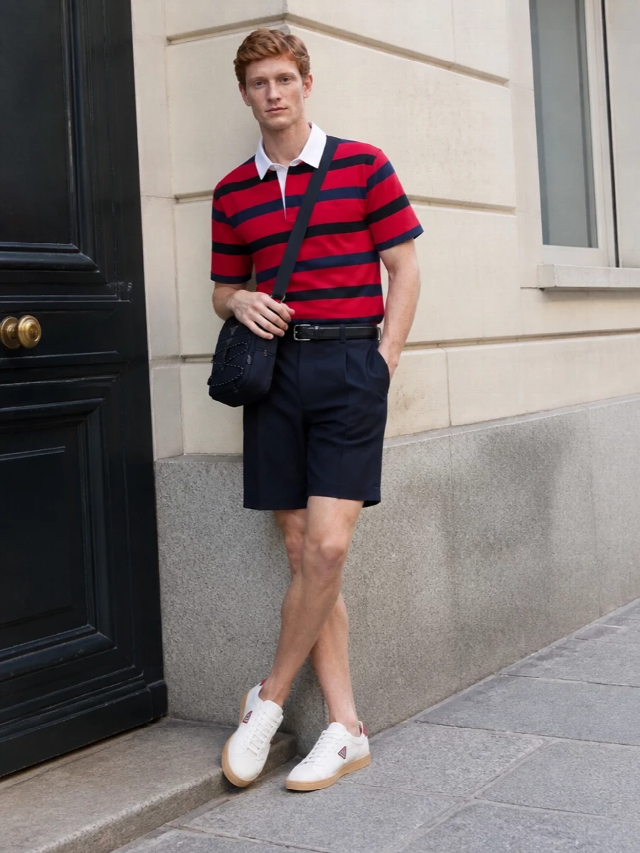 Prada striped polo navy tailored shorts outfit