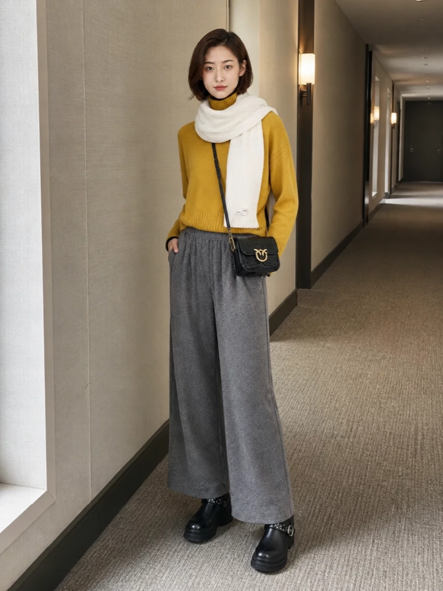 Pinko mustard turtleneck grey wide leg pants outfit
