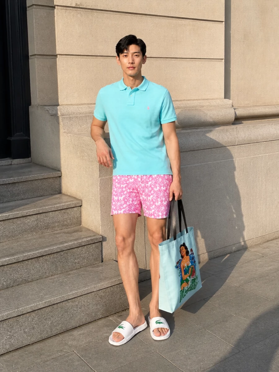 Ralph lauren pink swim shorts blue polo outfit