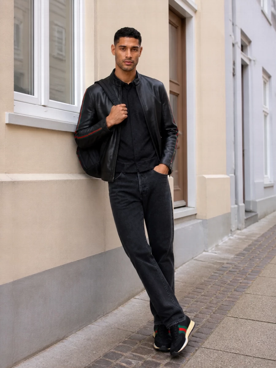 This is a Gucci-driven street uniform built around the racer leather, where every layer quietly riffs on the black base and the green-red web. The tonal GG shirt and washed black denim keep the silhouette clean but not stiff, while retro runners and a web-stripe backpack underline the sport code without feeling over-branded. It is the kind of kit that moves from daytime city laps to night without needing a change.