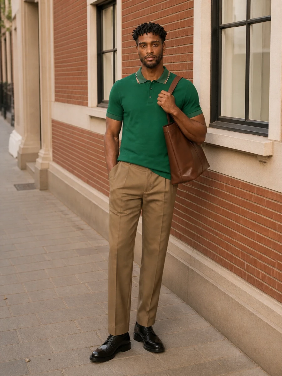 A forest green Burberry polo meets camel pleated tailoring for a modern riff on classic campus polish. Black brogued derbies sharpen the line without losing ease, while a chestnut leather tote brings a warm, quietly assured finish. The result is relaxed but considered, ideal for smart daytime plans that edge toward dinner.