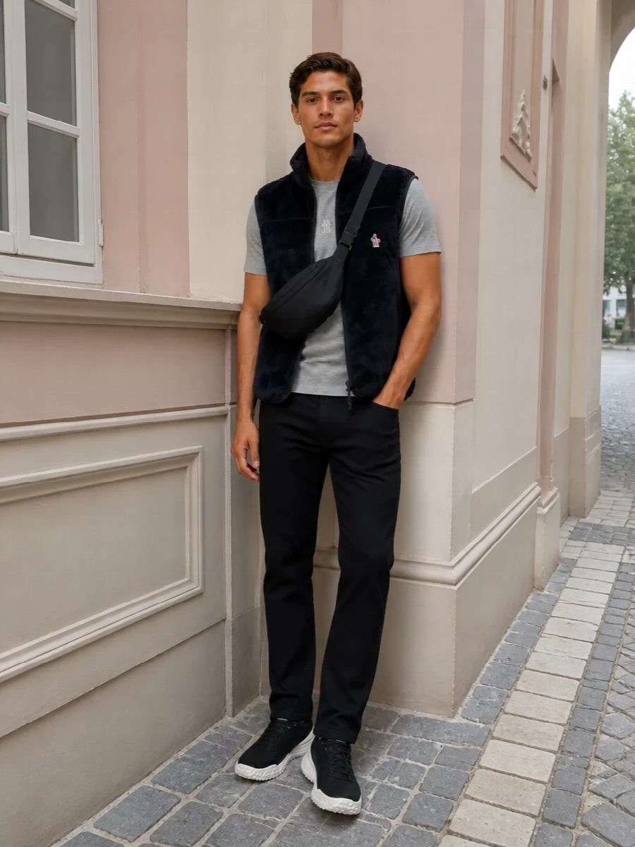 Moncler fleece gilet black jeans outfit