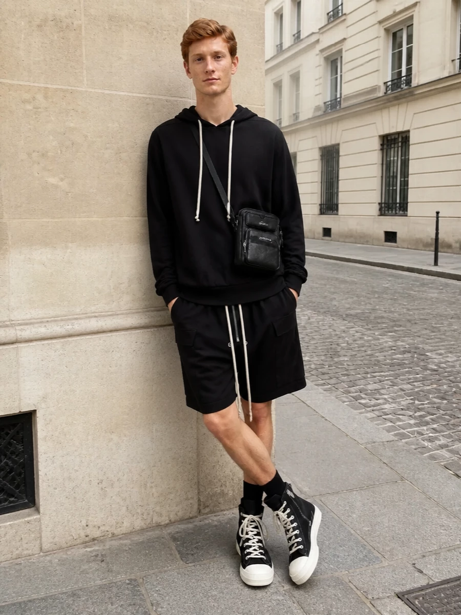 Drkshdw black hoodie drop crotch cargo shorts outfit