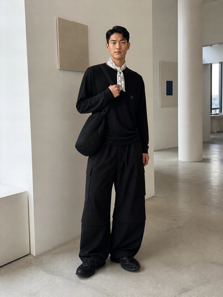 Needles wide cargo pants black new balance sneakers
