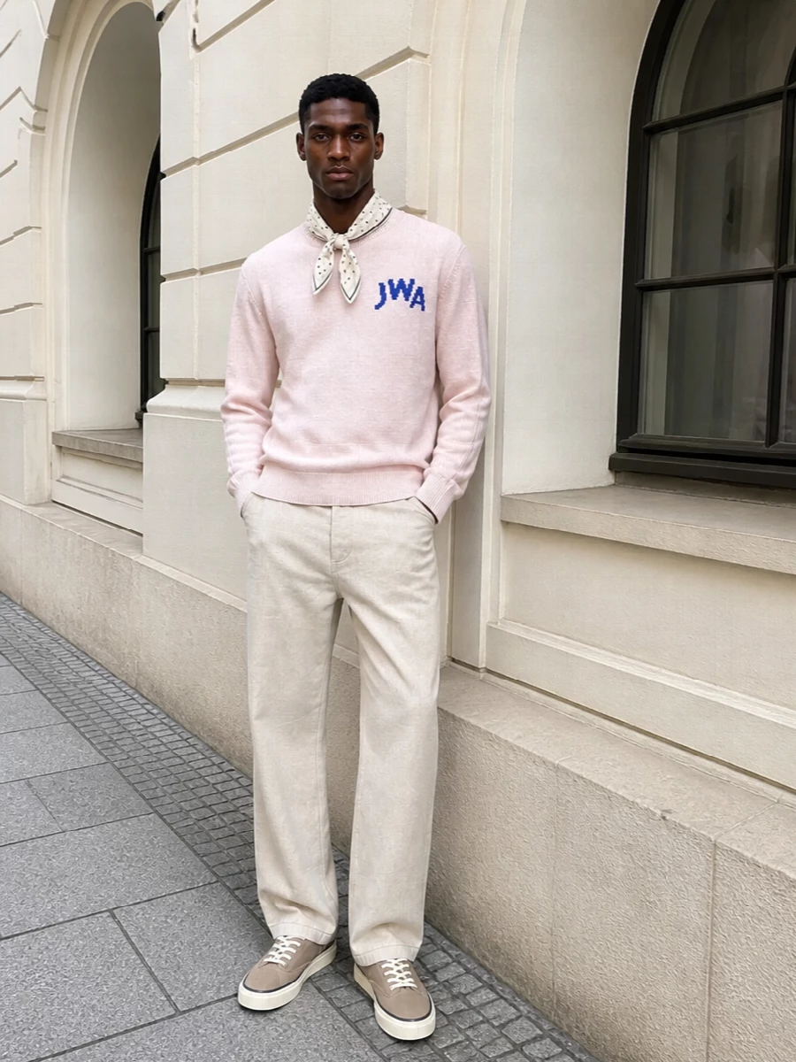 Jw anderson blush sweater jacquemus beige trousers