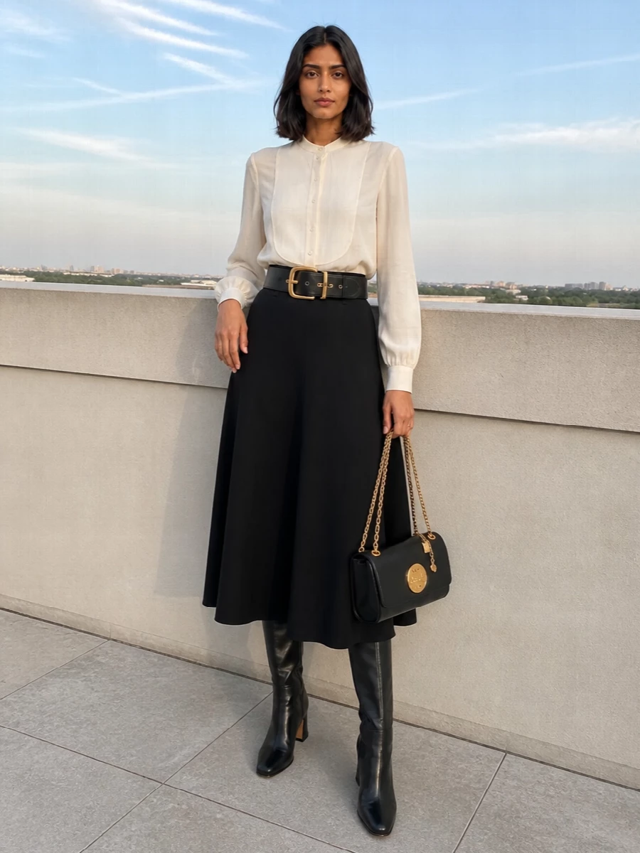 Chloe black midi skirt with knee high boots