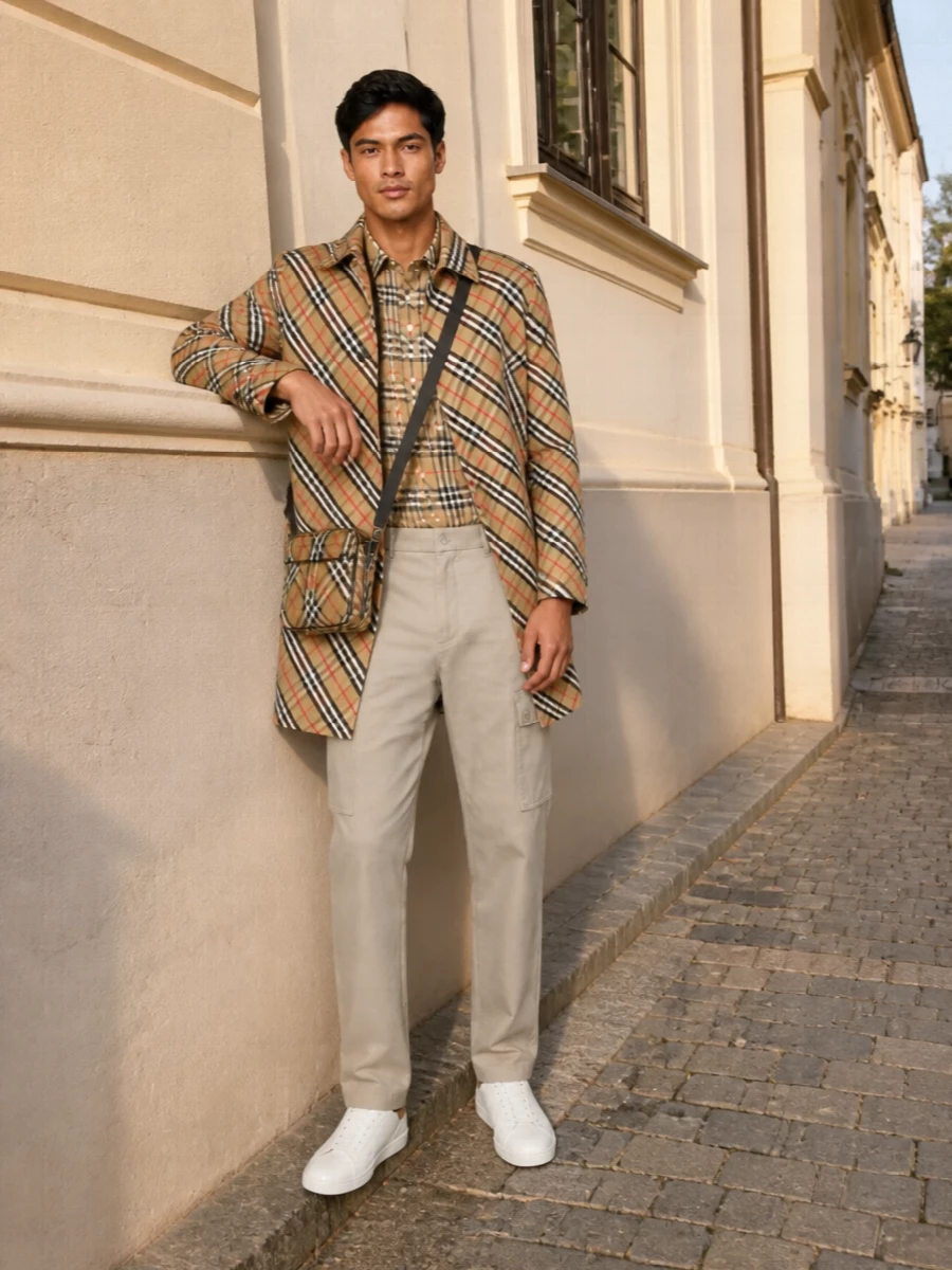 Burberry check coat beige cargo trousers outfit