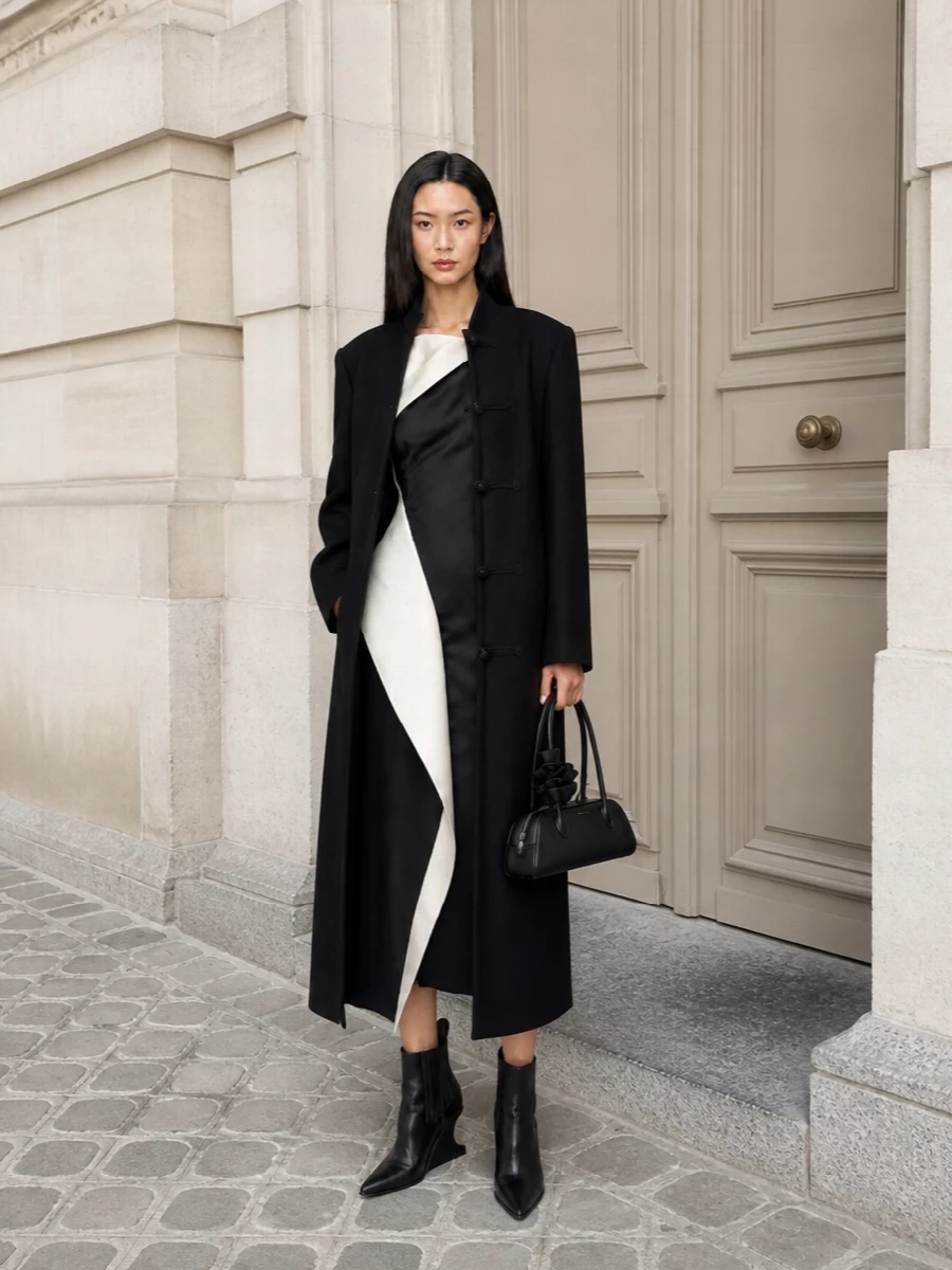 Rohe black coat one shoulder midi dress outfit