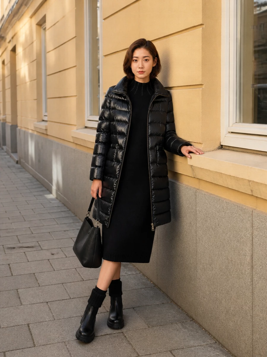 I am building around the dress route because a single black knit column under the long glossy puffer keeps the silhouette clean, warm and coherent, whereas adding tailored separates would visually compete with the coat’s shine. The Fabiana Filippi dress, Gianvito Rossi lug boots and structured Longchamp bag create a quietly sporty city uniform in deep black and charcoal, with the hardware tying back neatly to the coat’s zips. The result feels like practical winter dressing for real commutes, but with enough polish to walk straight into dinner or a meeting without a change.