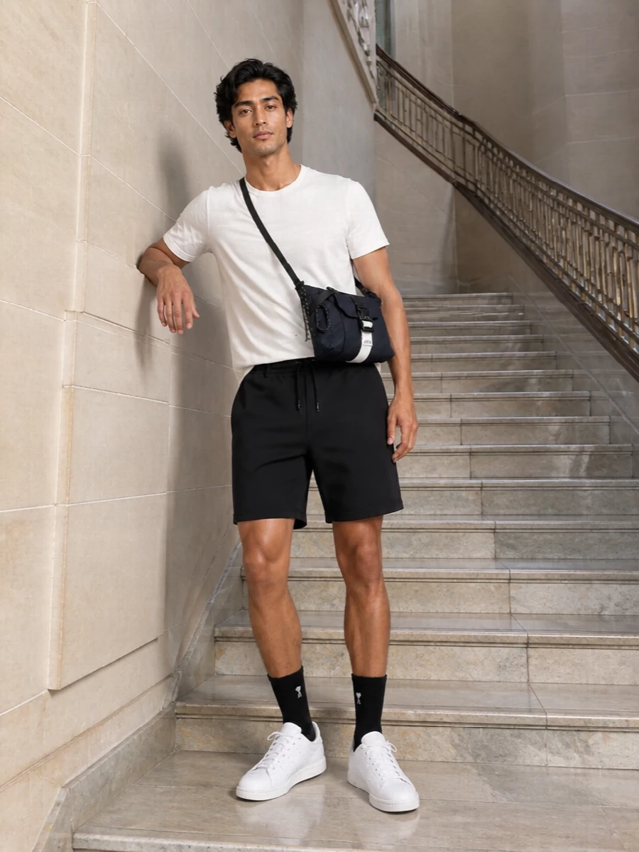K way mens white tshirt black shorts outfit