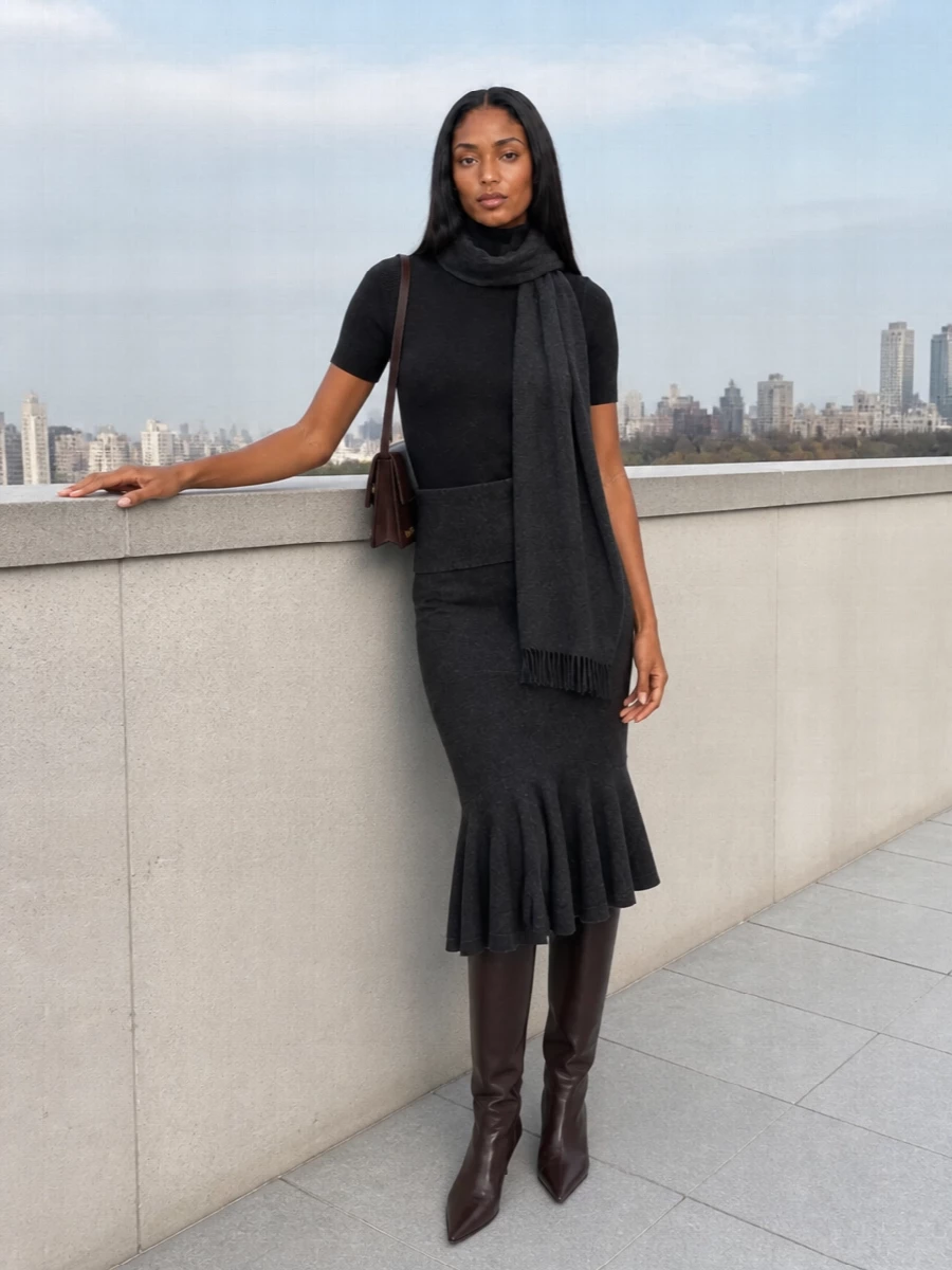 Jacquemus charcoal knit skirt brown boots outfit