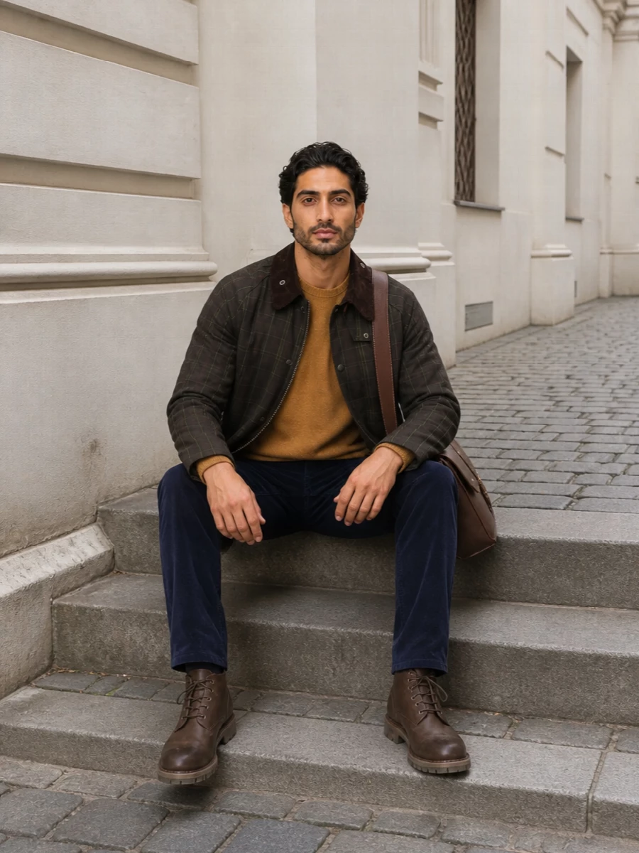 Barbour field jacket navy corduroy outfit