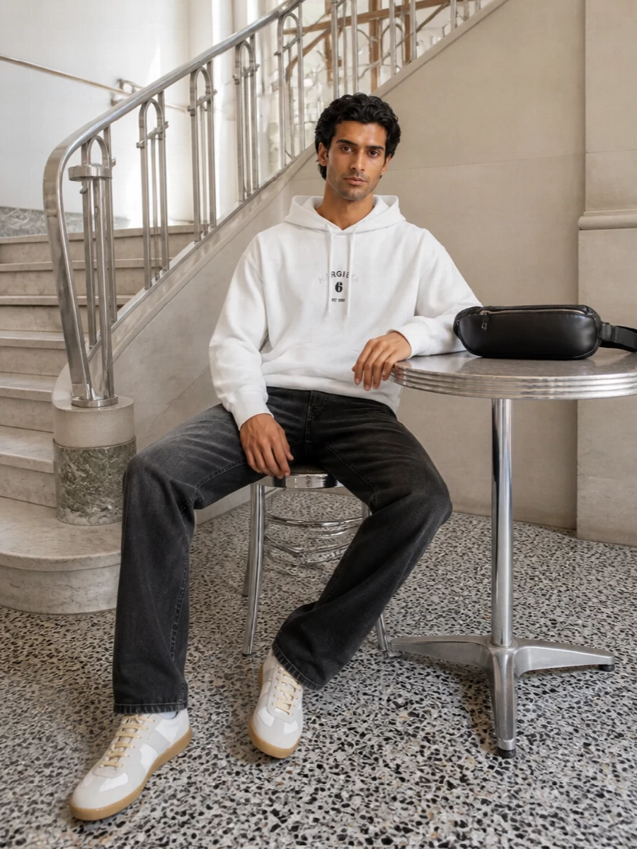 Maison margiela white hoodie black jeans sneakers