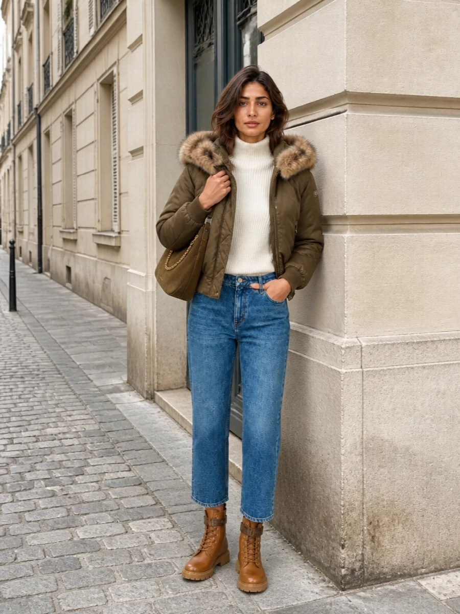 Michael kors bomber jeans combat boots outfit