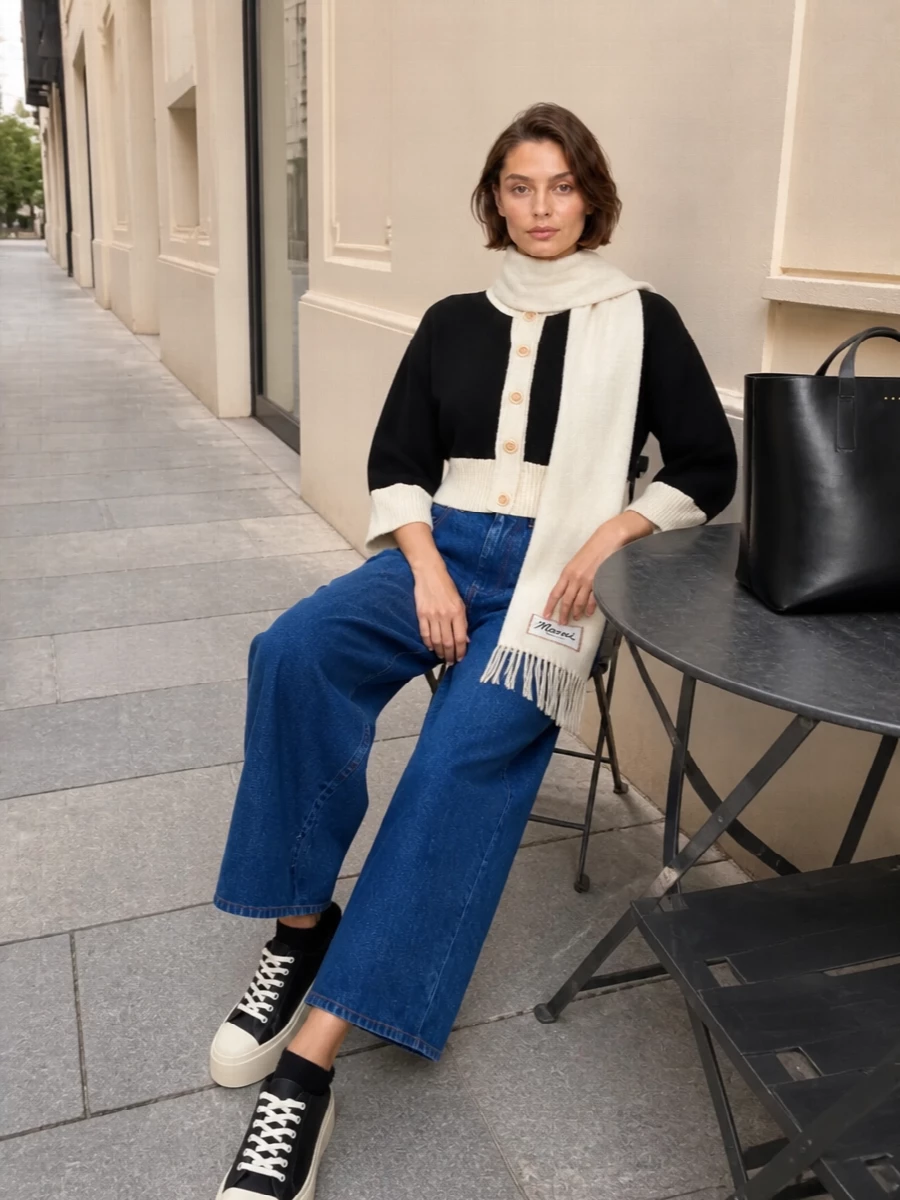 Marni cropped cardigan wide leg jeans outfit