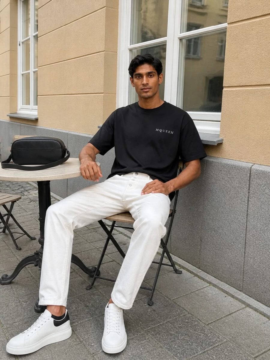 Alexander mcqueen black tee off white jeans outfit