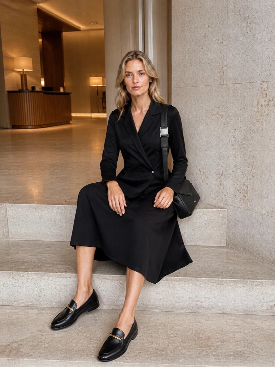 This outfit frames the Max Mara cross-body with a single, precise gesture: a tailored Alexander Wang black midi that reimagines suiting as one clean column. Paired with polished Tod’s loafers, it leans into a subtly preppy, boardroom-to-gallery mood that feels intelligent, modern and quietly assured. Choosing the dress route over separates keeps the silhouette uninterrupted so the texture and structure of the bag read as the defining detail.