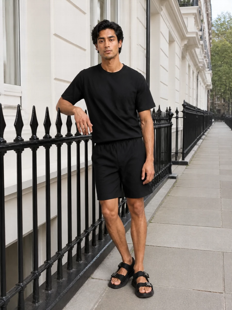 Givenchy black swim shorts tee sandals tote