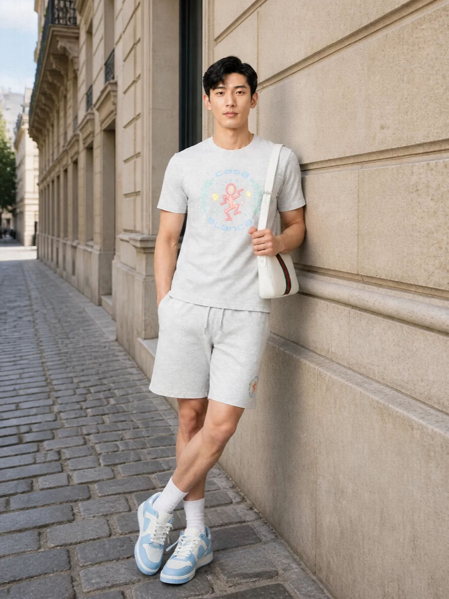 A soft heather-grey base runs through the tee and shorts, giving the pastel graphic space to breathe while keeping the vibe sporty and relaxed. Powder-blue court sneakers tie back to the print and add a clean color hit at the ground. An off-white Gucci crossbody finishes it with just enough retro-club polish for coffee runs or lazy city afternoons.