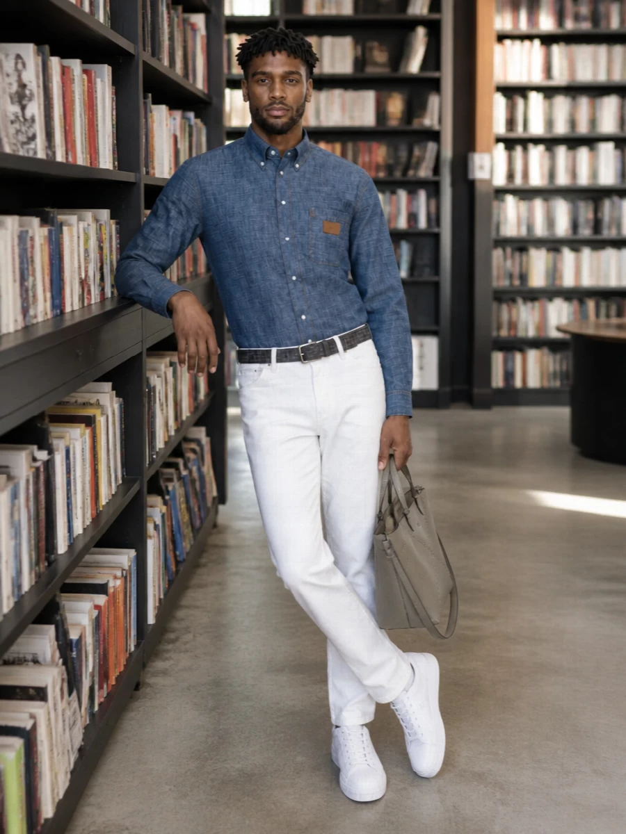 Fendi denim shirt white trousers sneakers