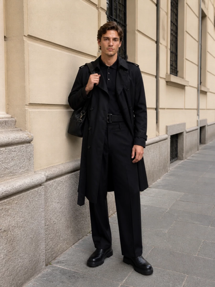 Burberry trench outfit wide leg trousers