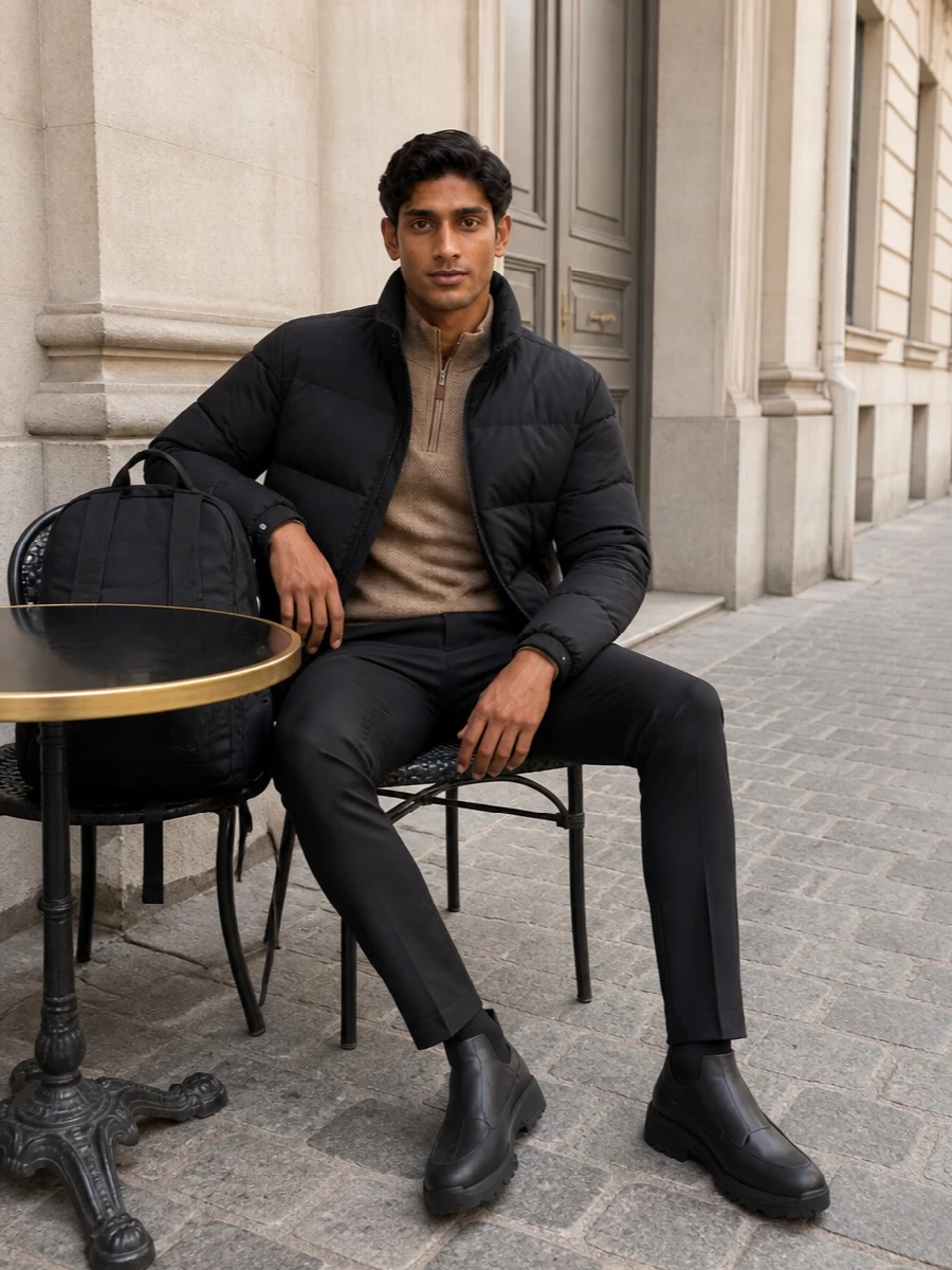 Zegna black puffer camel knit charcoal trousers