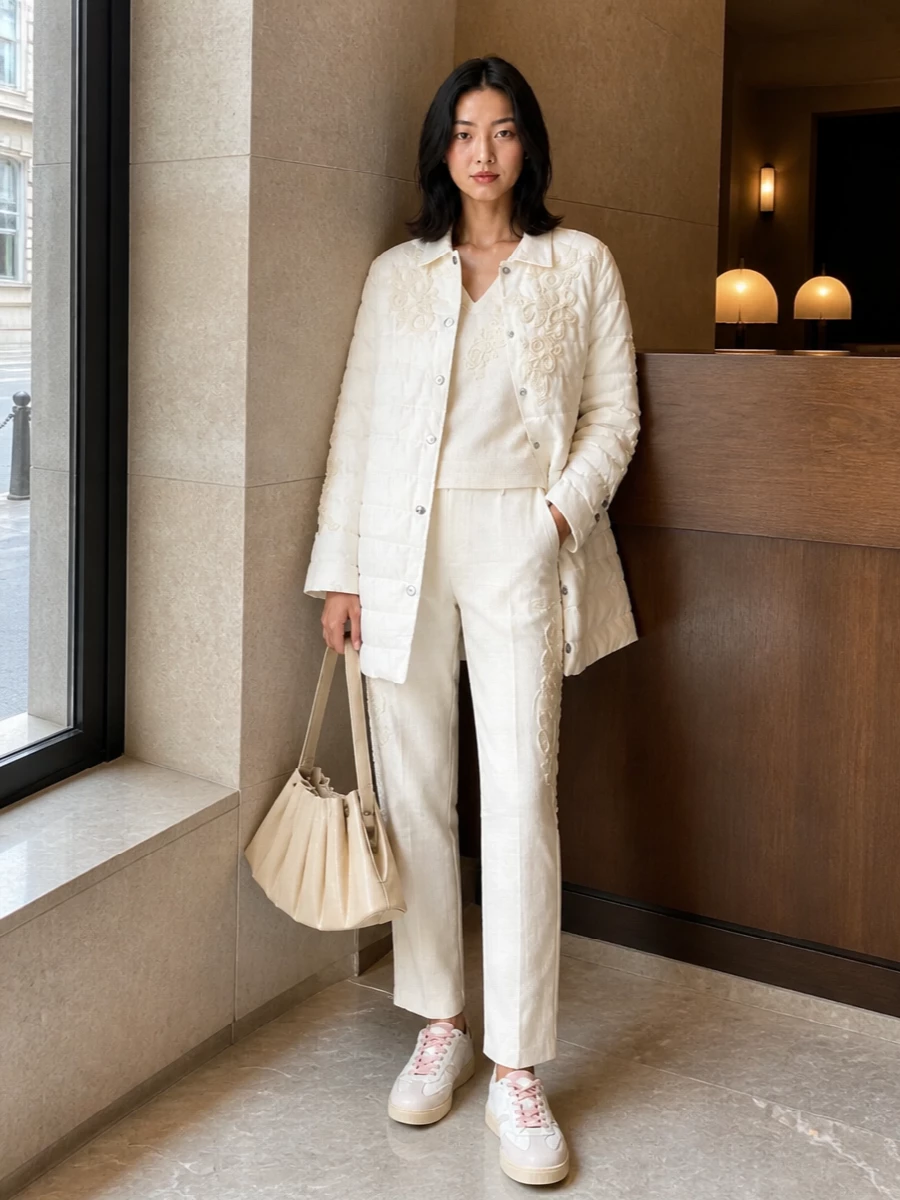 I chose the top and trouser path rather than a dress, to echo the coat’s tailored ease and embroidery with a full Ermanno Firenze tonal set. The embroidered V-neck knit and straight-leg trousers create a soft, elongated ivory column under the puffer, while blush-detailed sneakers and a pleated buttercream shoulder bag keep the mood relaxed yet polished for daytime. It feels like quiet Italian romance translated into a modern city outfit that moves effortlessly from coffee to early dinner.